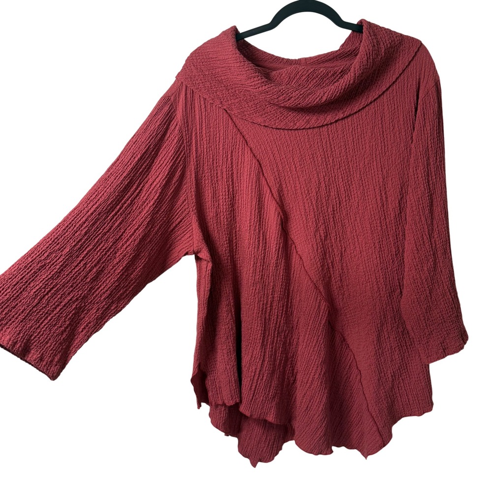 KIYO USA Rust Red Crinkle Gauze Asymmetrical Cowl Neck Tunic Top Large L